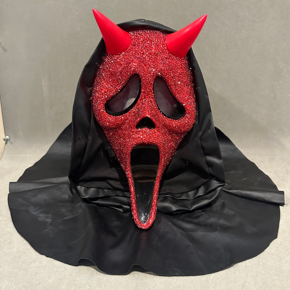 Red Rhinestone‎ Ghostface Mask Devil Horns Scream Costume Hooded Horror Mask
